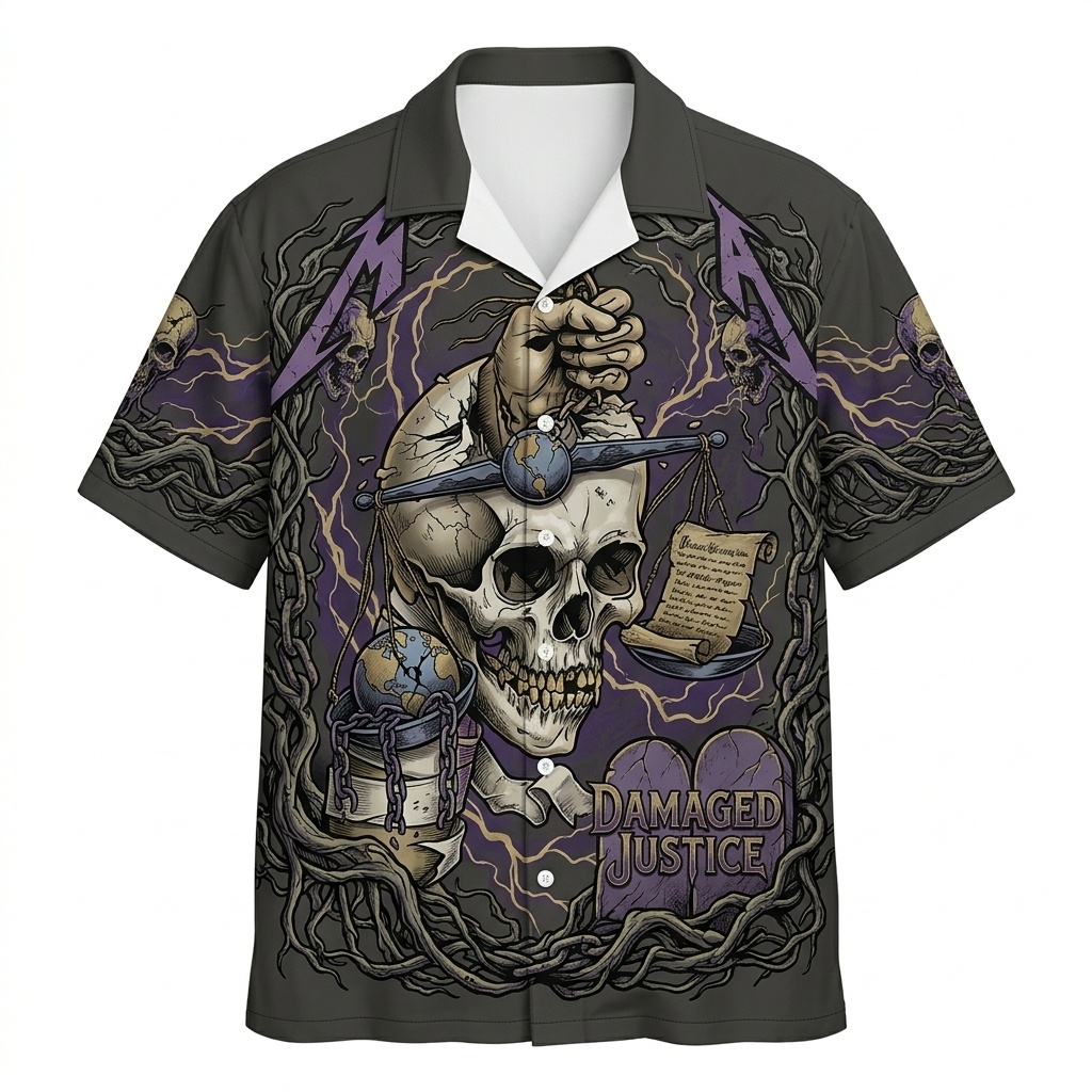 Metallica Damaged Justice Skull Hawaiian Shirt Grey Purple 1 - Fadebrick.com