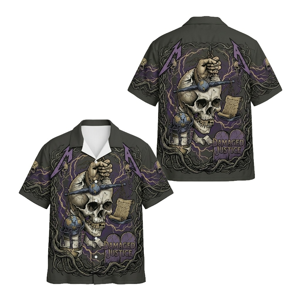 Metallica Damaged Justice Skull Hawaiian Shirt Grey Purple - Fadebrick.com