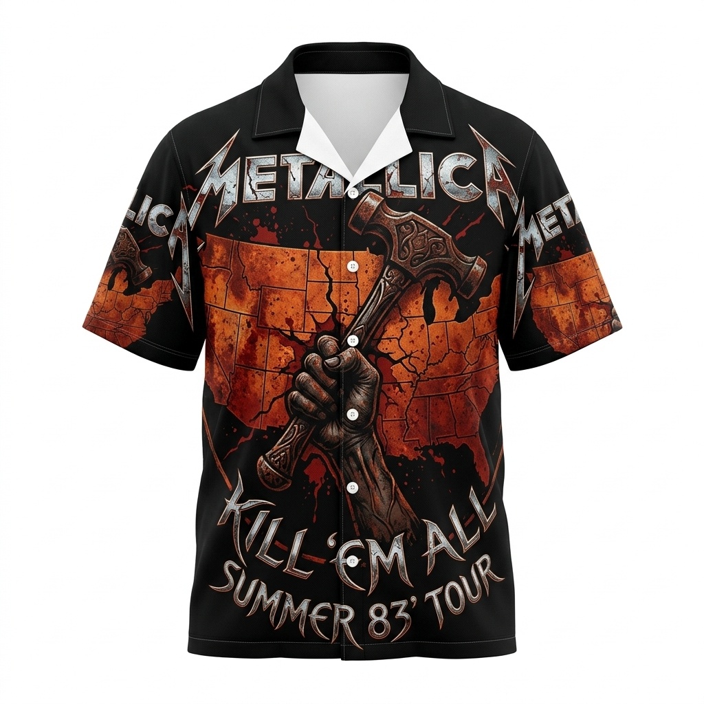 Hawaiian Shirt Metallica Kill Em All Tour Black Orange 2 - Fadebrick.com