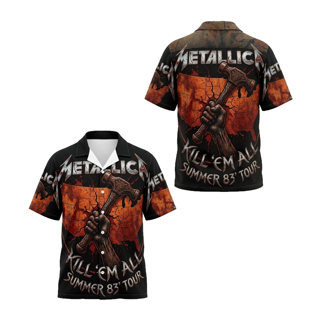 Hawaiian Shirt Metallica Kill Em All Tour Black Orange1 - Fadebrick.com
