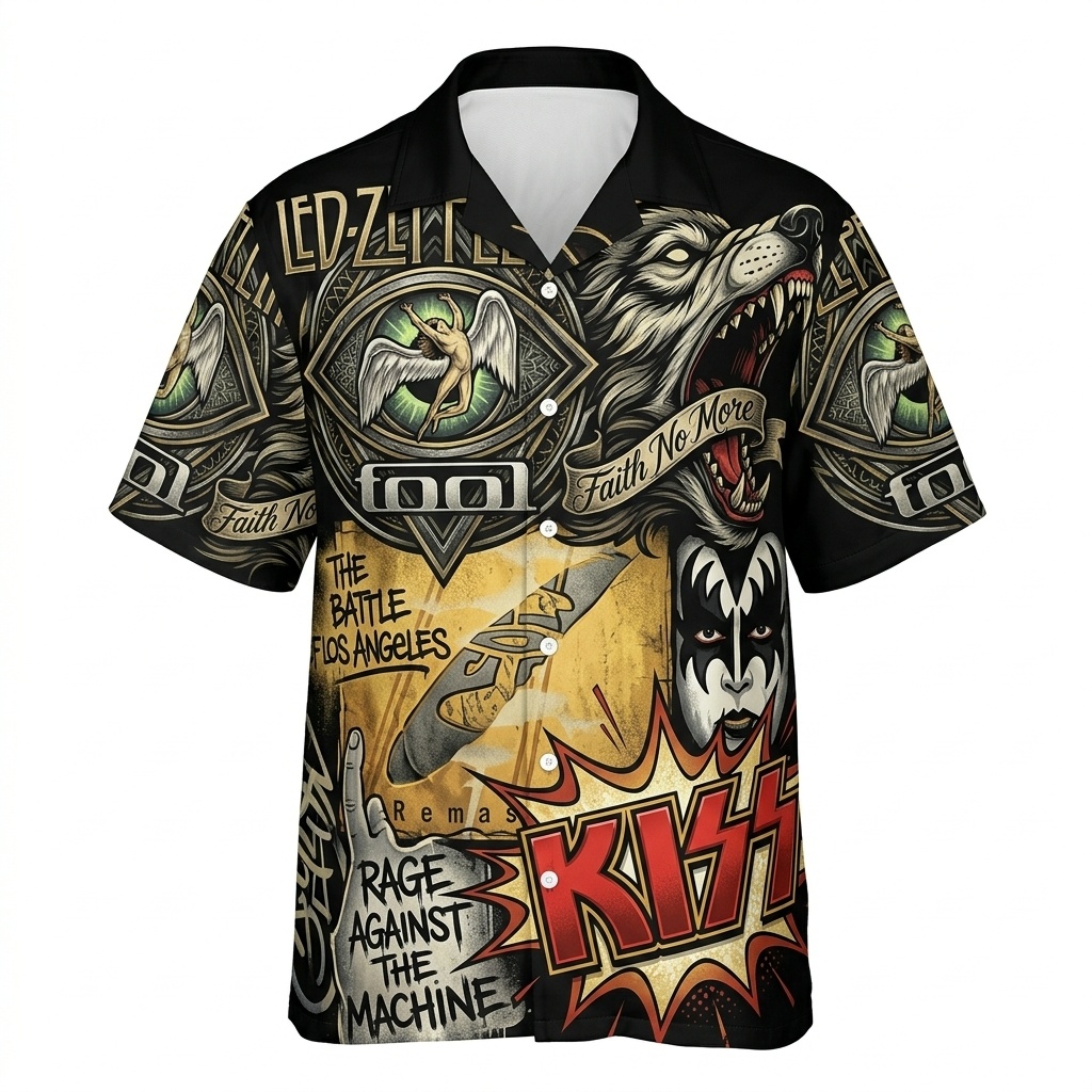 Hawaiian Shirt Rock Band Graphic Print Black Gold 1 - Fadebrick.com