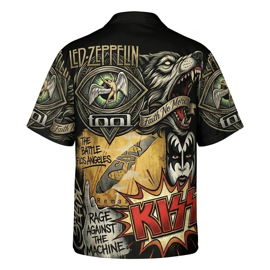 Hawaiian Shirt Rock Band Graphic Print Black Gold 2 - Fadebrick.com
