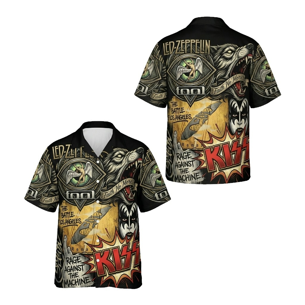 Hawaiian Shirt Rock Band Graphic Print Black Gold - Fadebrick.com