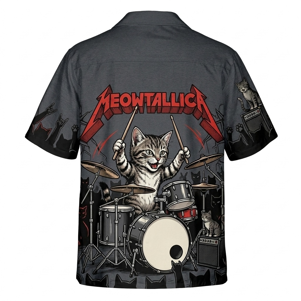 Meowtallica Cat Drummer Hawaiian Shirt Grey 2 - Fadebrick.com