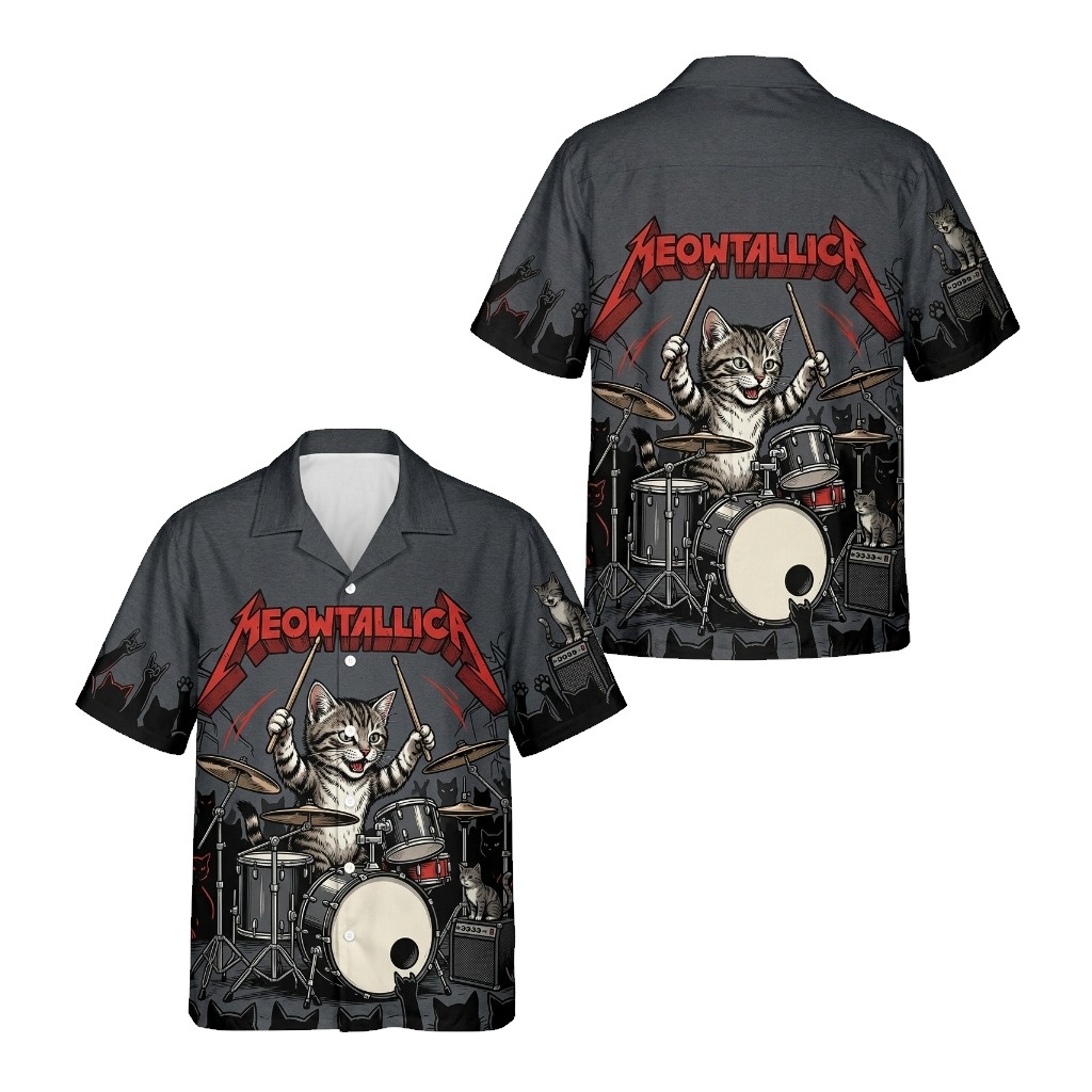 Meowtallica Cat Drummer Hawaiian Shirt Grey 3 - Fadebrick.com