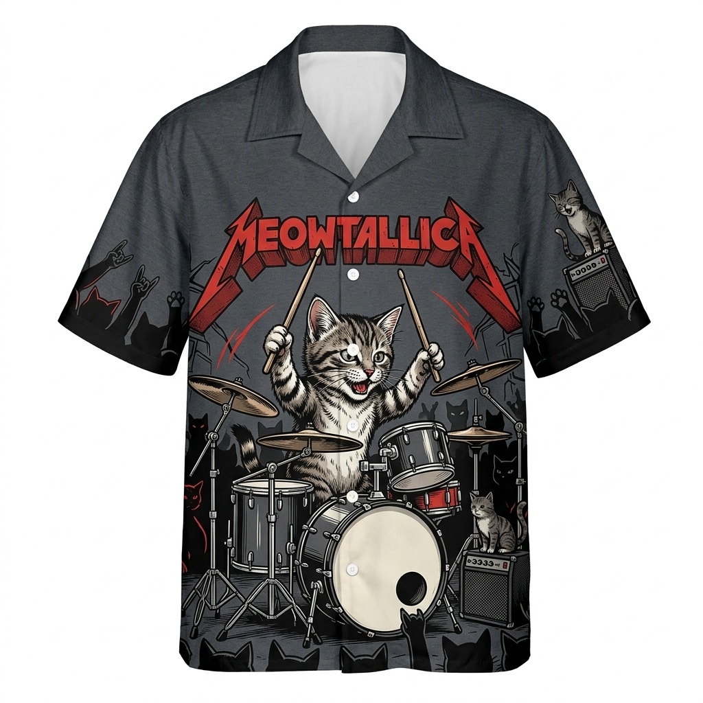 Meowtallica Cat Drummer Hawaiian Shirt Grey1 - Fadebrick.com