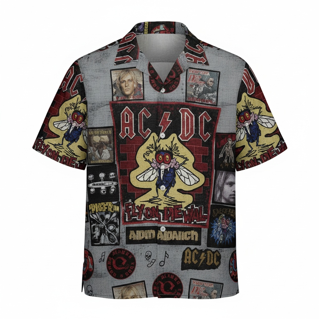Acdc Fly On The Wall Graphic Hawaiian Shirt Grey Front - Fadebrick.com