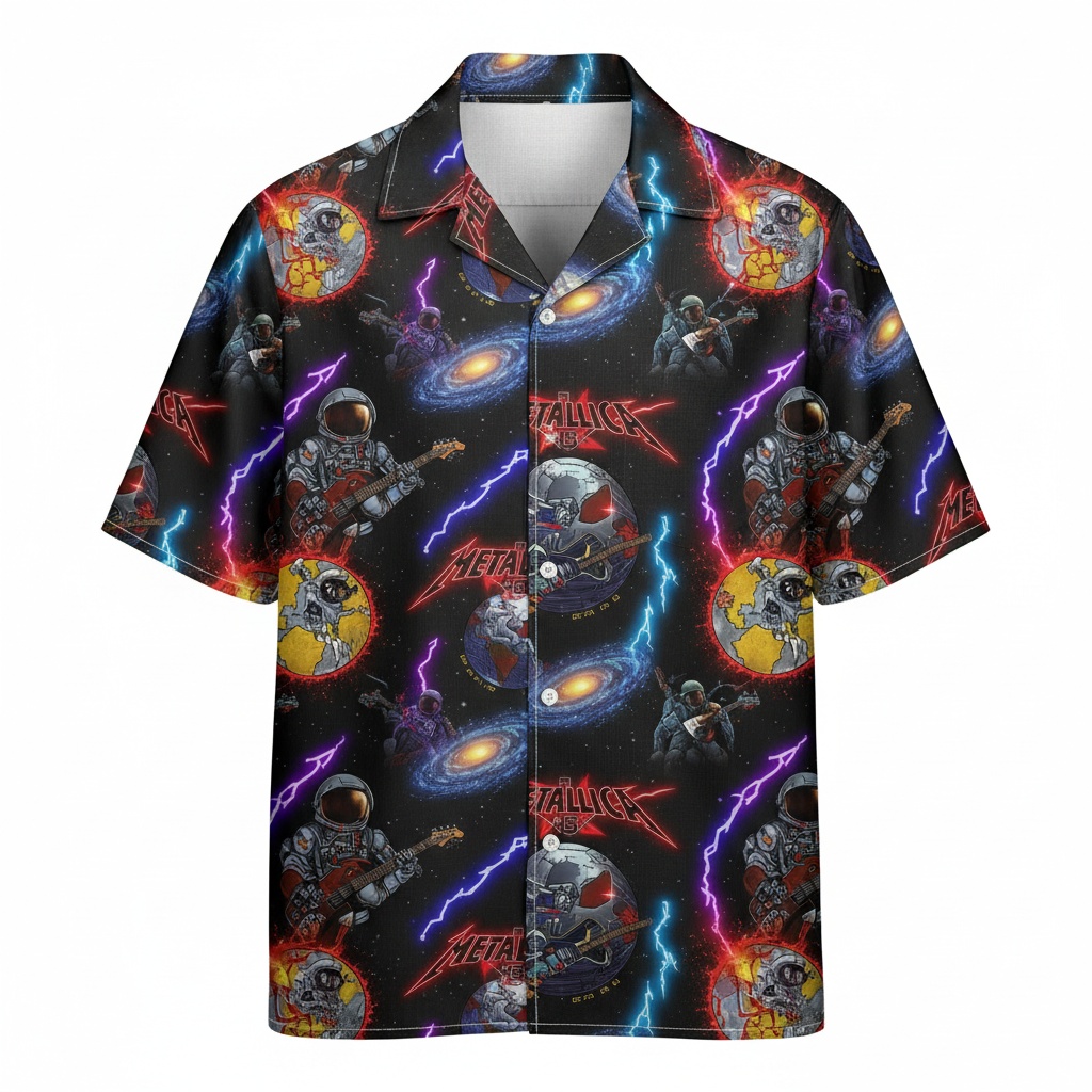 Black Cosmic Guitarist Astronaut Hawaiian Shirt Front - Fadebrick.com