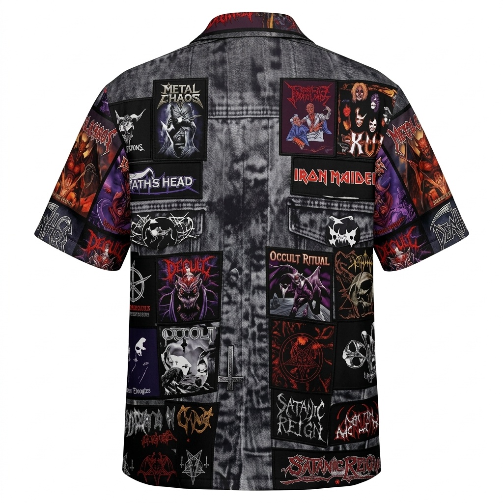 Black Denim Metal Band Patch Button Up Shirt Back - Fadebrick.com