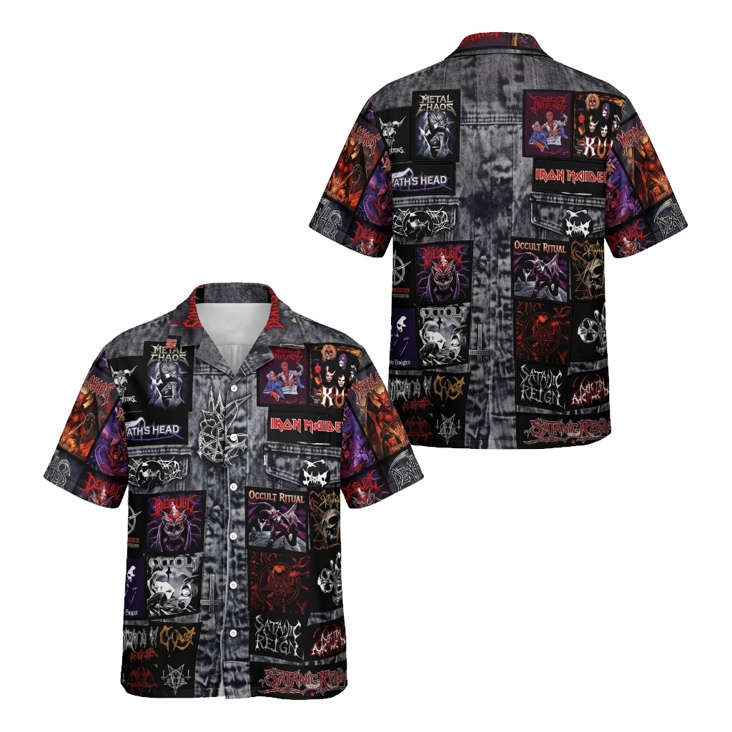 Black Denim Metal Band Patch Button Up Shirt Front Back - Fadebrick.com