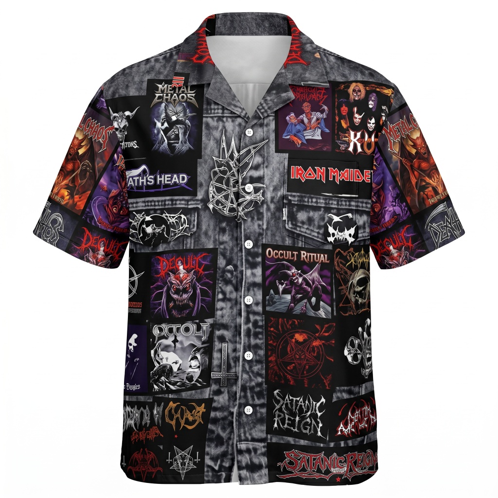 Black Denim Metal Band Patch Button Up Shirt Front - Fadebrick.com