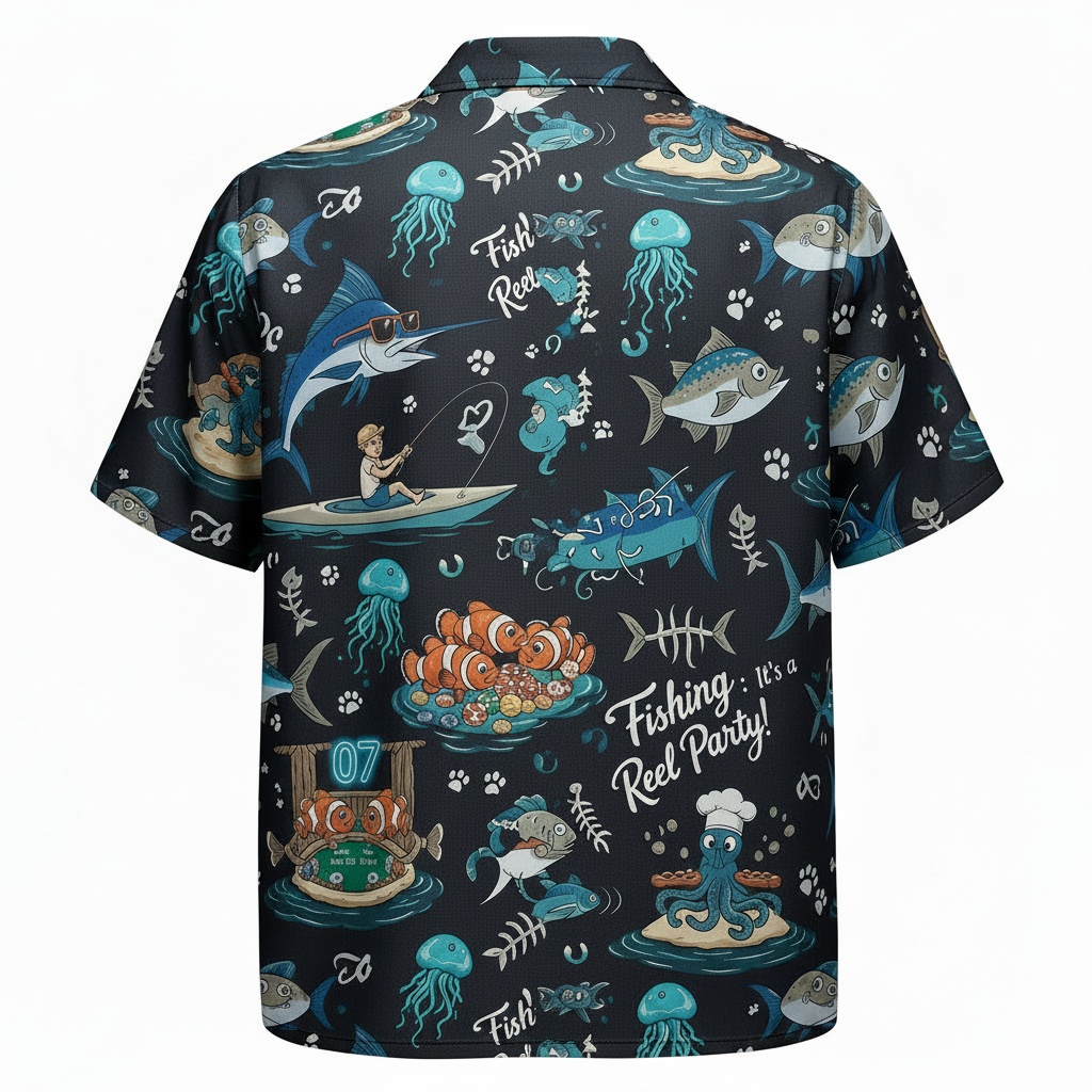 Black Fishing Reel Party Hawaiian Shirt Fun Print Back - Fadebrick.com