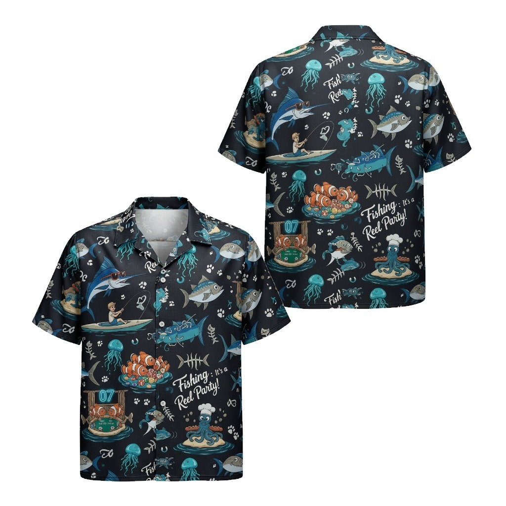 Black Fishing Reel Party Hawaiian Shirt Fun Print Front Back - Fadebrick.com