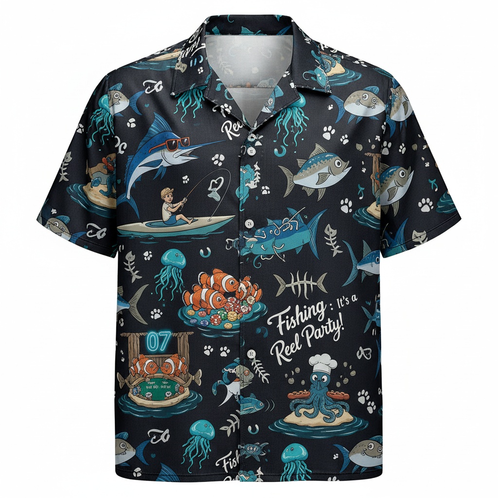 Black Fishing Reel Party Hawaiian Shirt Fun Print Front - Fadebrick.com