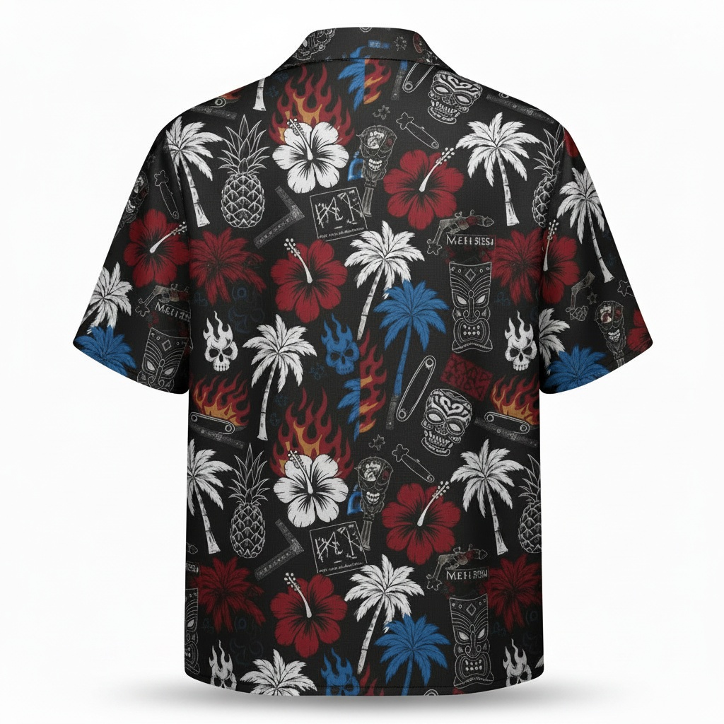 Black Hawaiian Shirt Flaming Tiki Skull Pineapple Design Back - Fadebrick.com