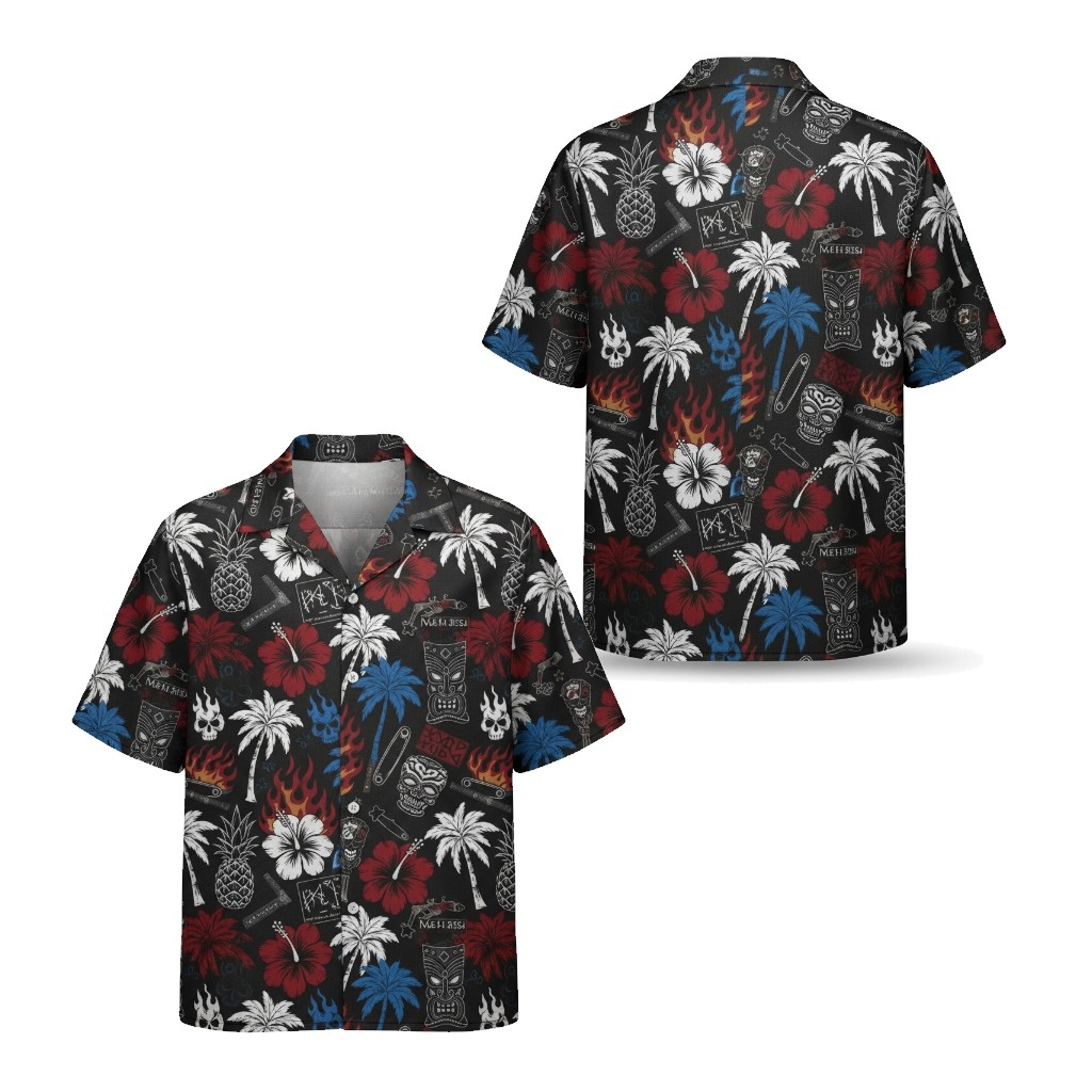 Black Hawaiian Shirt Flaming Tiki Skull Pineapple Design Front Back - Fadebrick.com