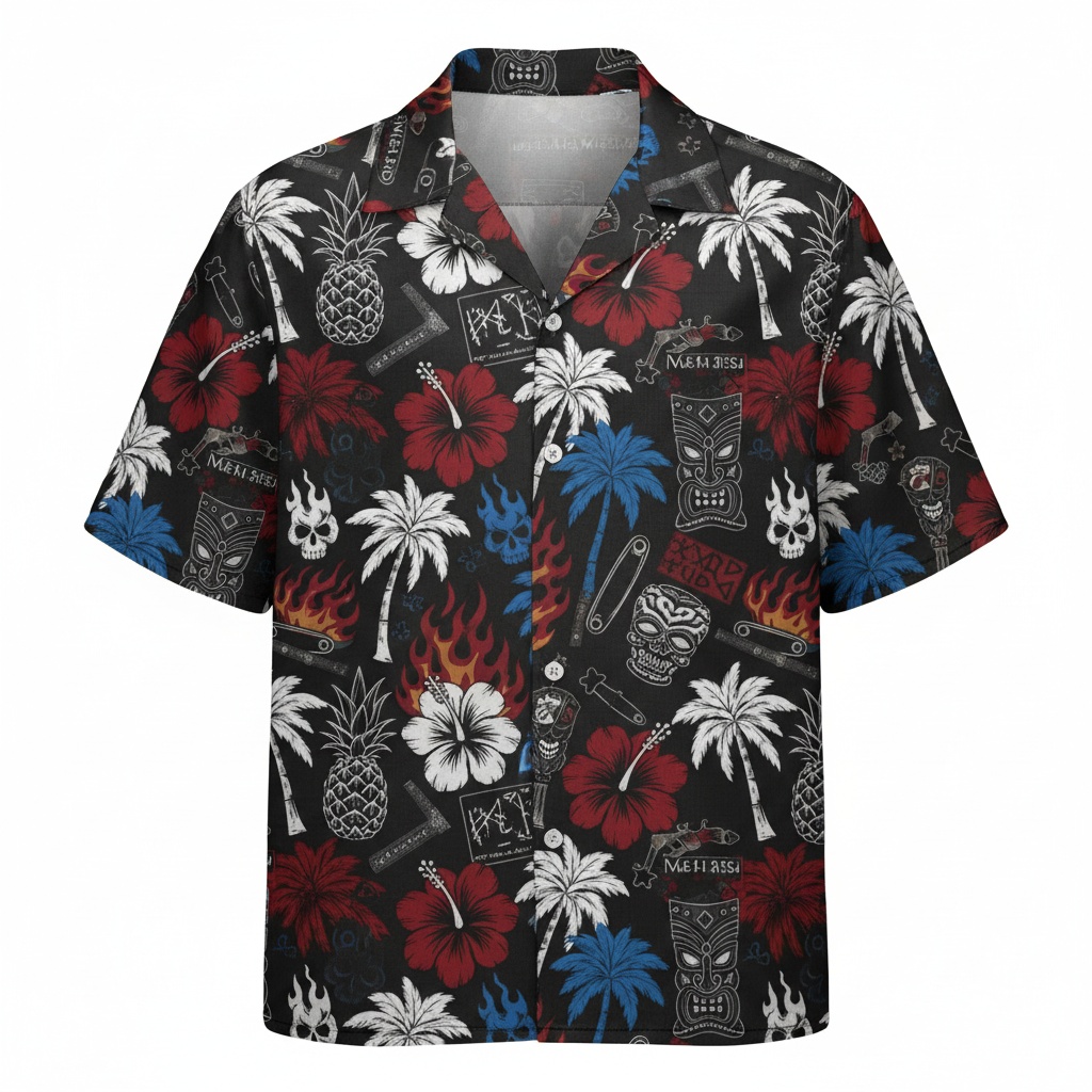 Black Hawaiian Shirt Flaming Tiki Skull Pineapple Design Front - Fadebrick.com