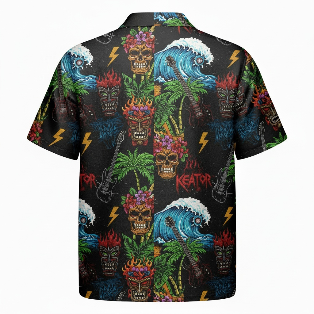Black Hawaiian Shirt Skull Tiki Wave Design Back - Fadebrick.com