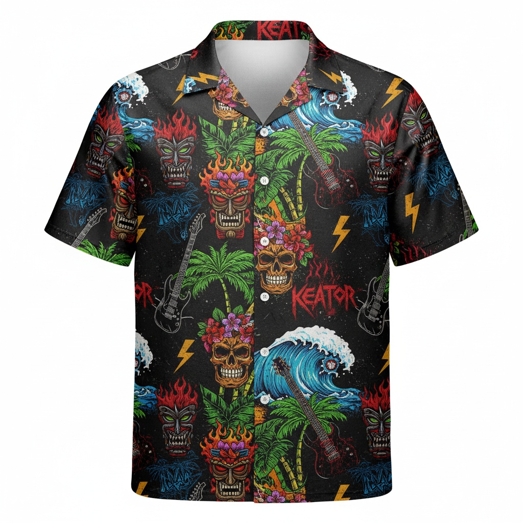 Black Hawaiian Shirt Skull Tiki Wave Design Front - Fadebrick.com