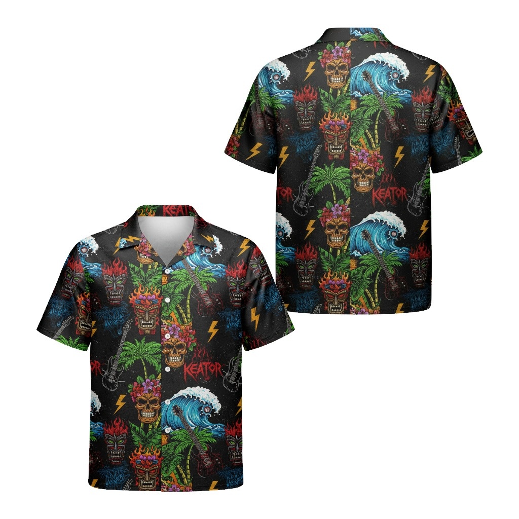 Black Hawaiian Shirt Skull Tiki Wave Design - Fadebrick.com