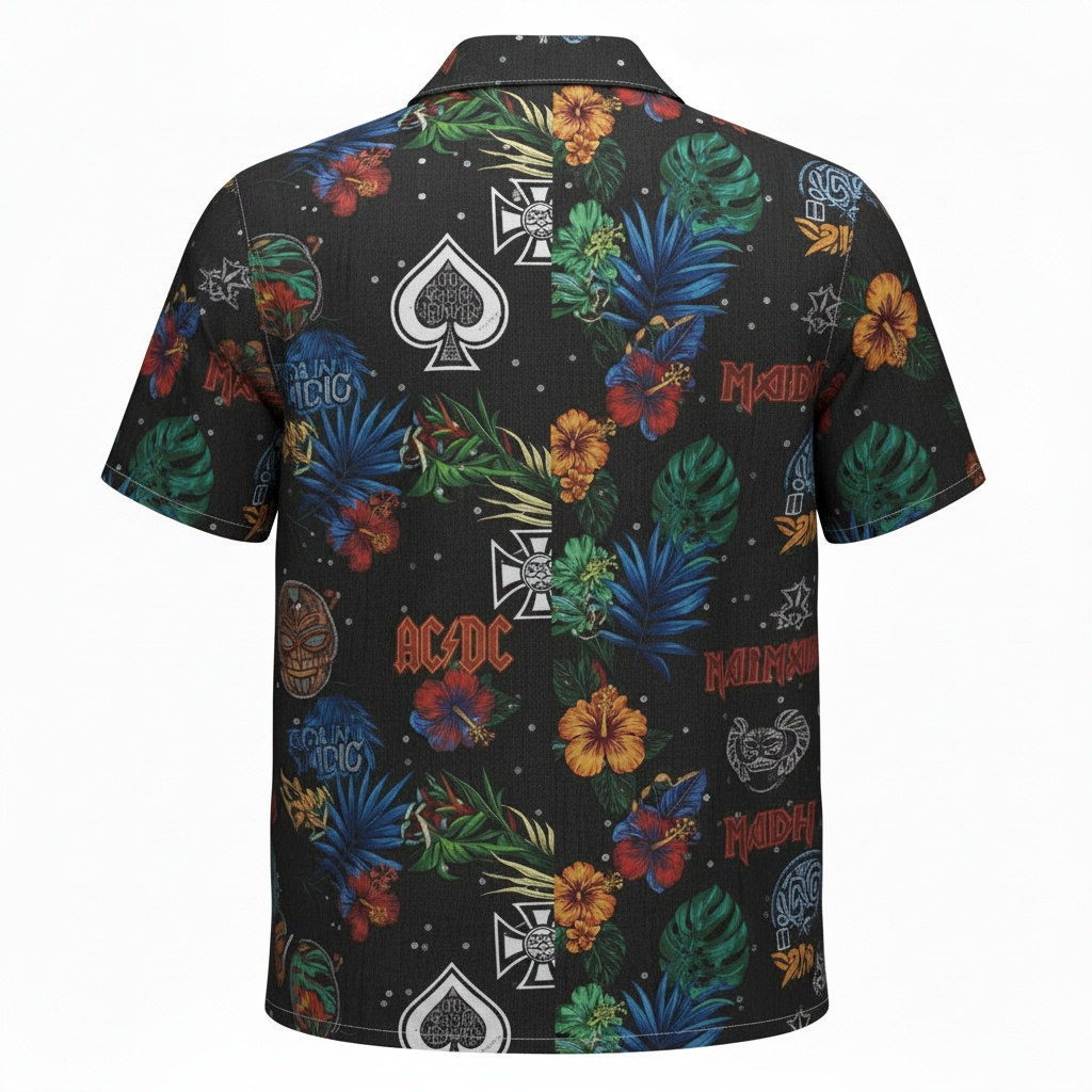 Black Hawaiian Shirt Tropical Rock Band Design Mens Back - Fadebrick.com