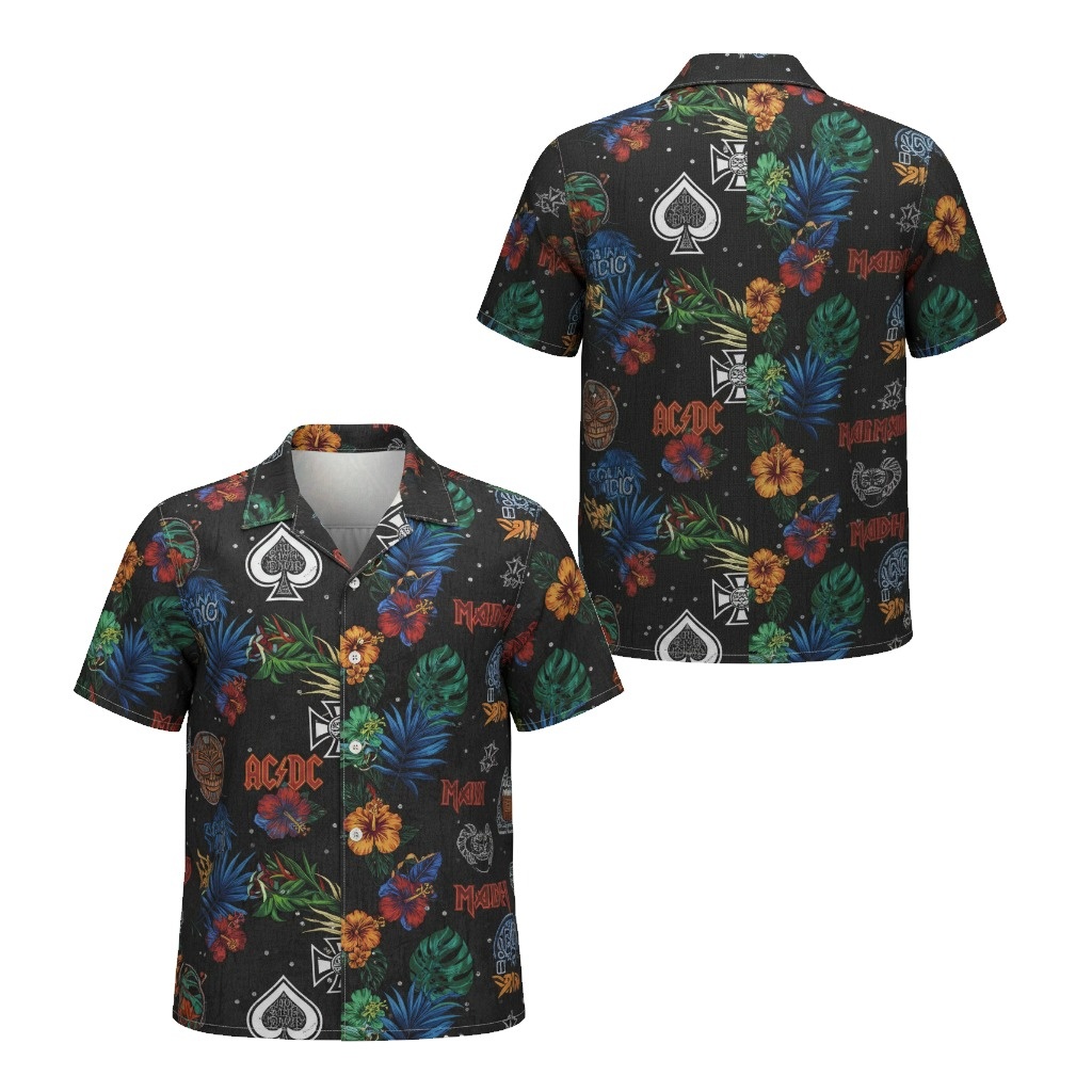 Black Hawaiian Shirt Tropical Rock Band Design Mens Front Back - Fadebrick.com