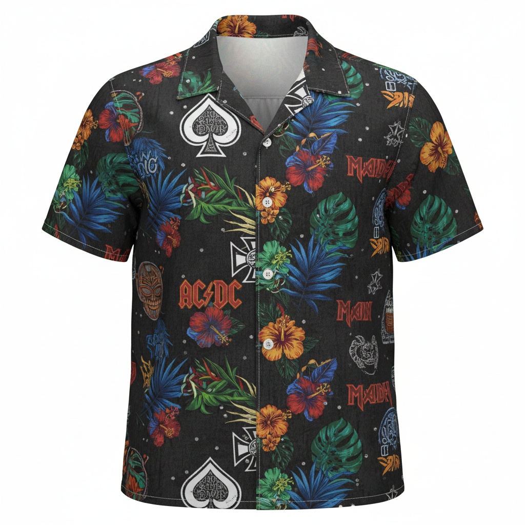 Black Hawaiian Shirt Tropical Rock Band Design Mens Front - Fadebrick.com
