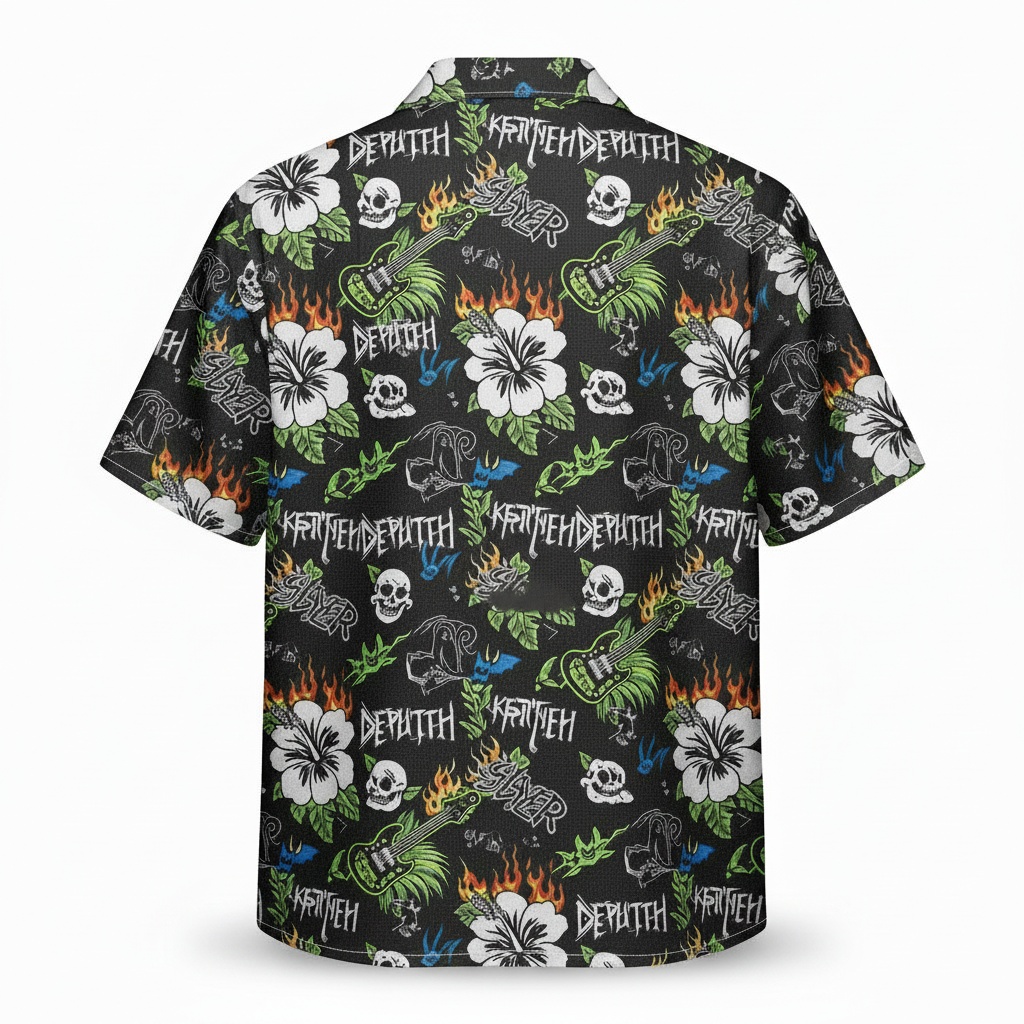 Black Hawaiian Shirt With Skulls And Guitars Back - Fadebrick.com