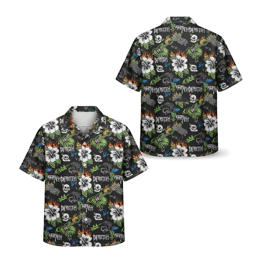 Black Hawaiian Shirt With Skulls And Guitars Front Back - Fadebrick.com