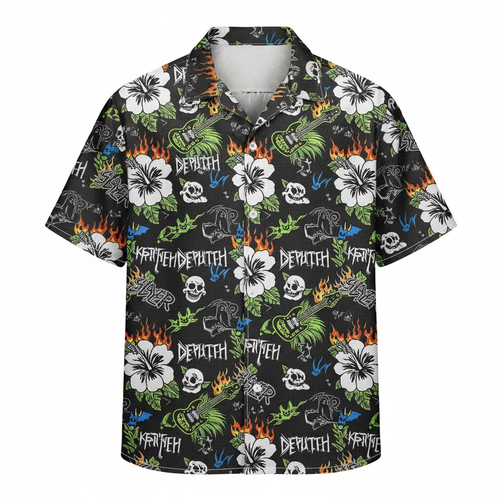 Black Hawaiian Shirt With Skulls And Guitars Front - Fadebrick.com