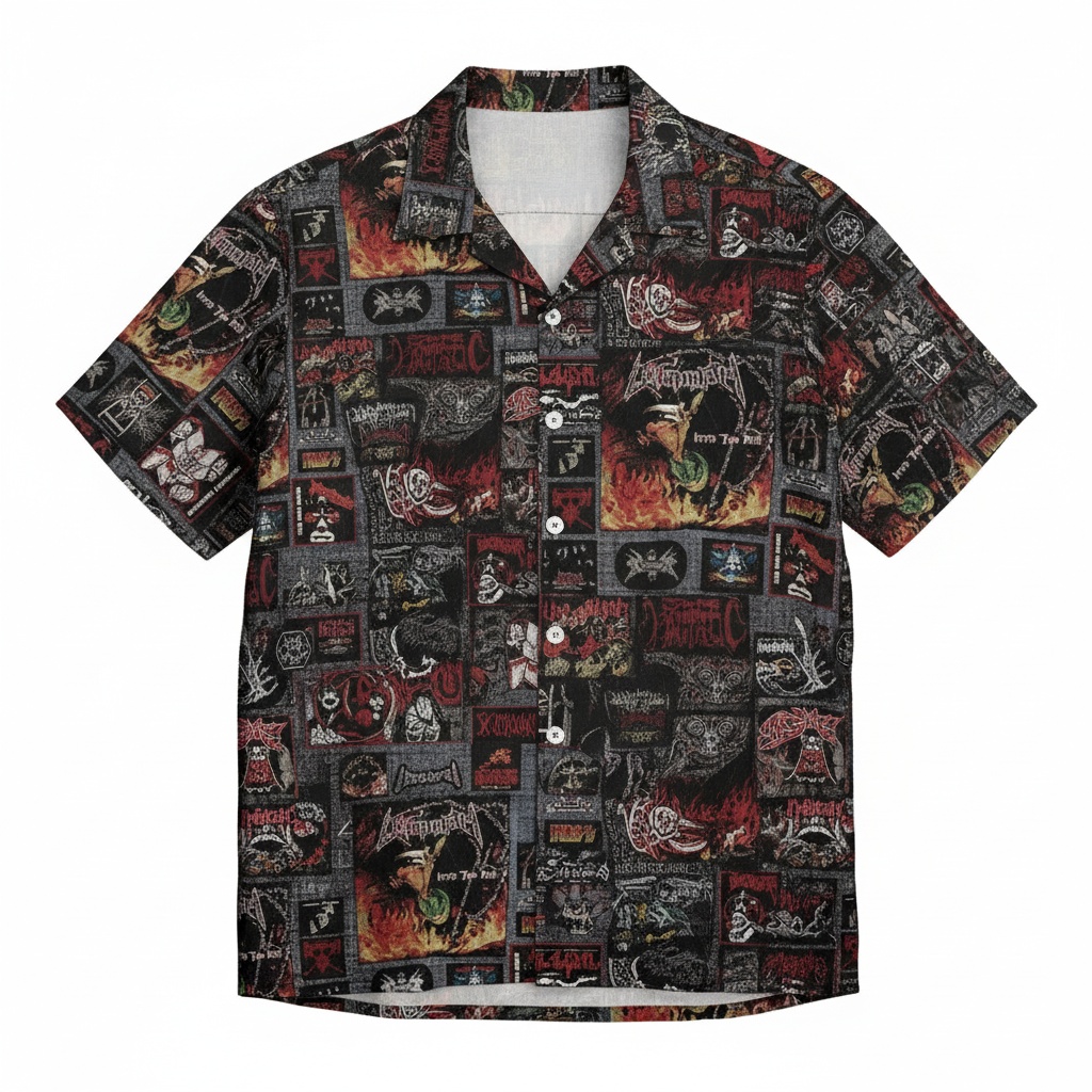 Black Heavy Metal Graphic Print Button Up Shirt Men Front - Fadebrick.com