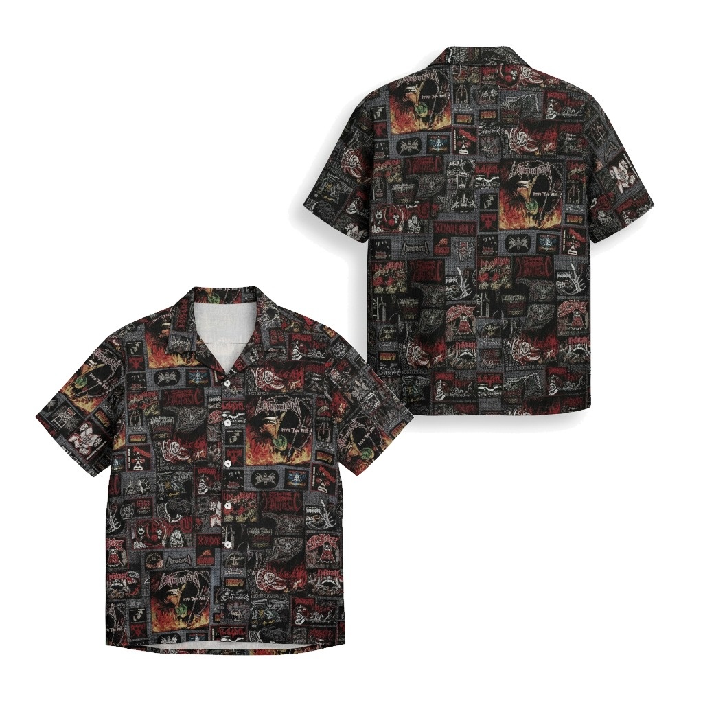 Black Heavy Metal Graphic Print Button Up Shirt Men - Fadebrick.com