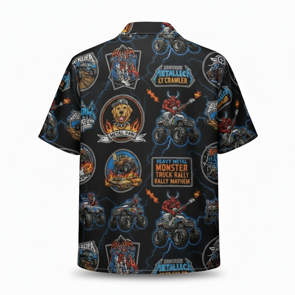 Black Heavy Metal Monster Truck Rally Hawaiian Shirt Back - Fadebrick.com