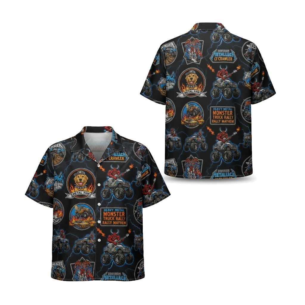 Black Heavy Metal Monster Truck Rally Hawaiian Shirt Front Back - Fadebrick.com