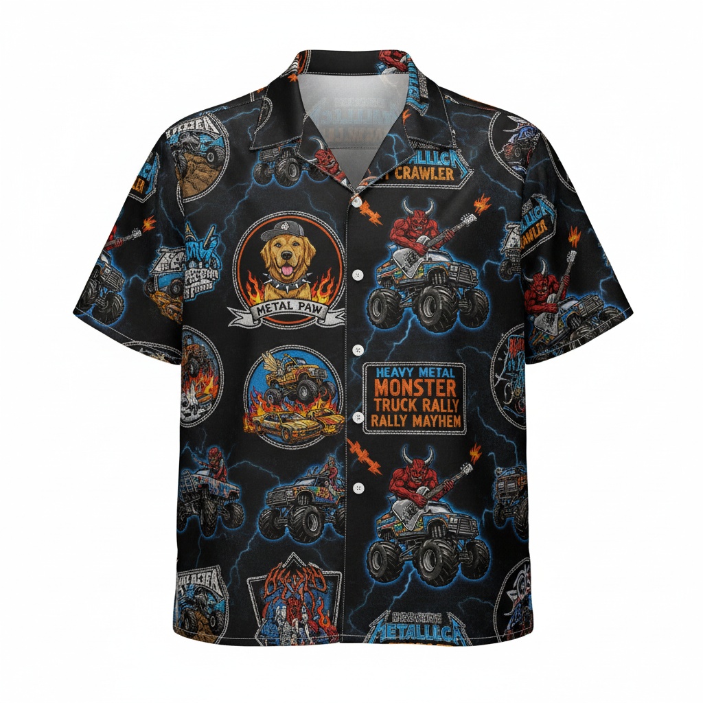 Black Heavy Metal Monster Truck Rally Hawaiian Shirt Front - Fadebrick.com