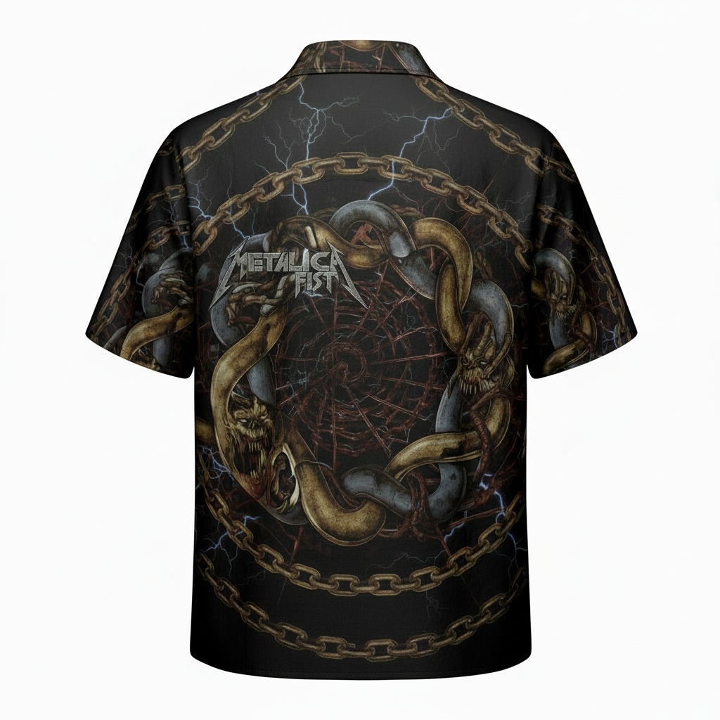 Black Metallica Chain Print Hawaiian Shirt Rock Band Apparel Back - Fadebrick.com