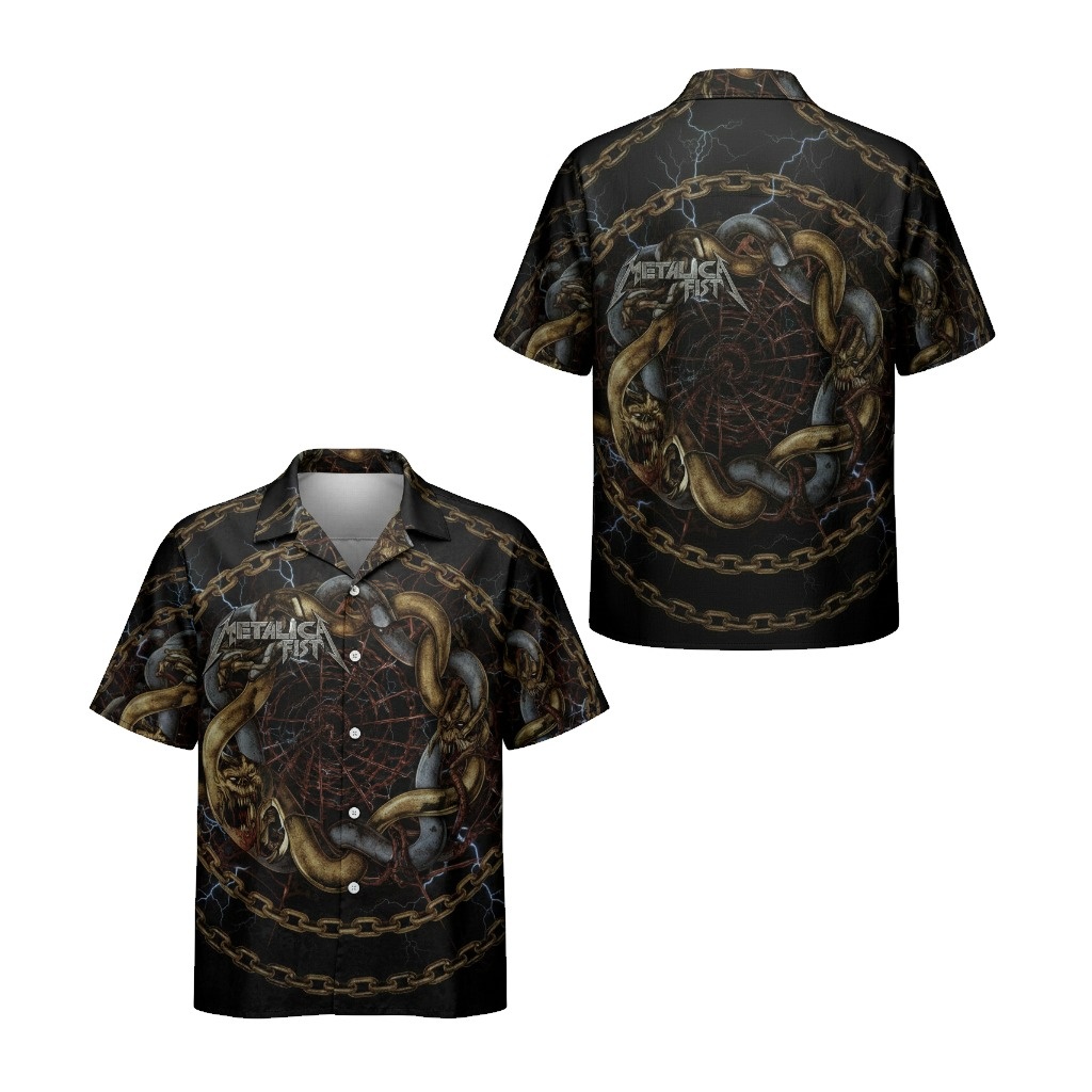 Black Metallica Chain Print Hawaiian Shirt Rock Band Apparel Front Back - Fadebrick.com