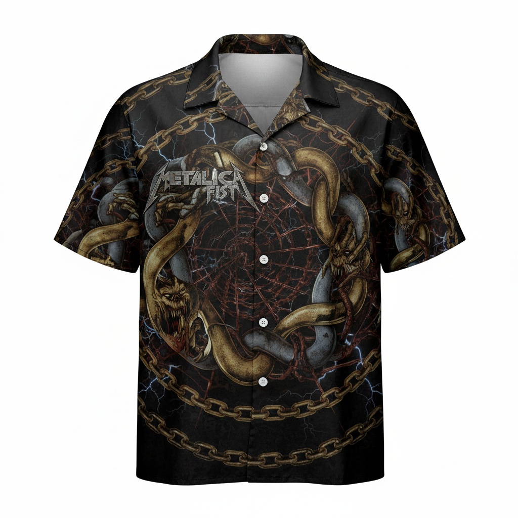 Black Metallica Chain Print Hawaiian Shirt Rock Band Apparel Front - Fadebrick.com