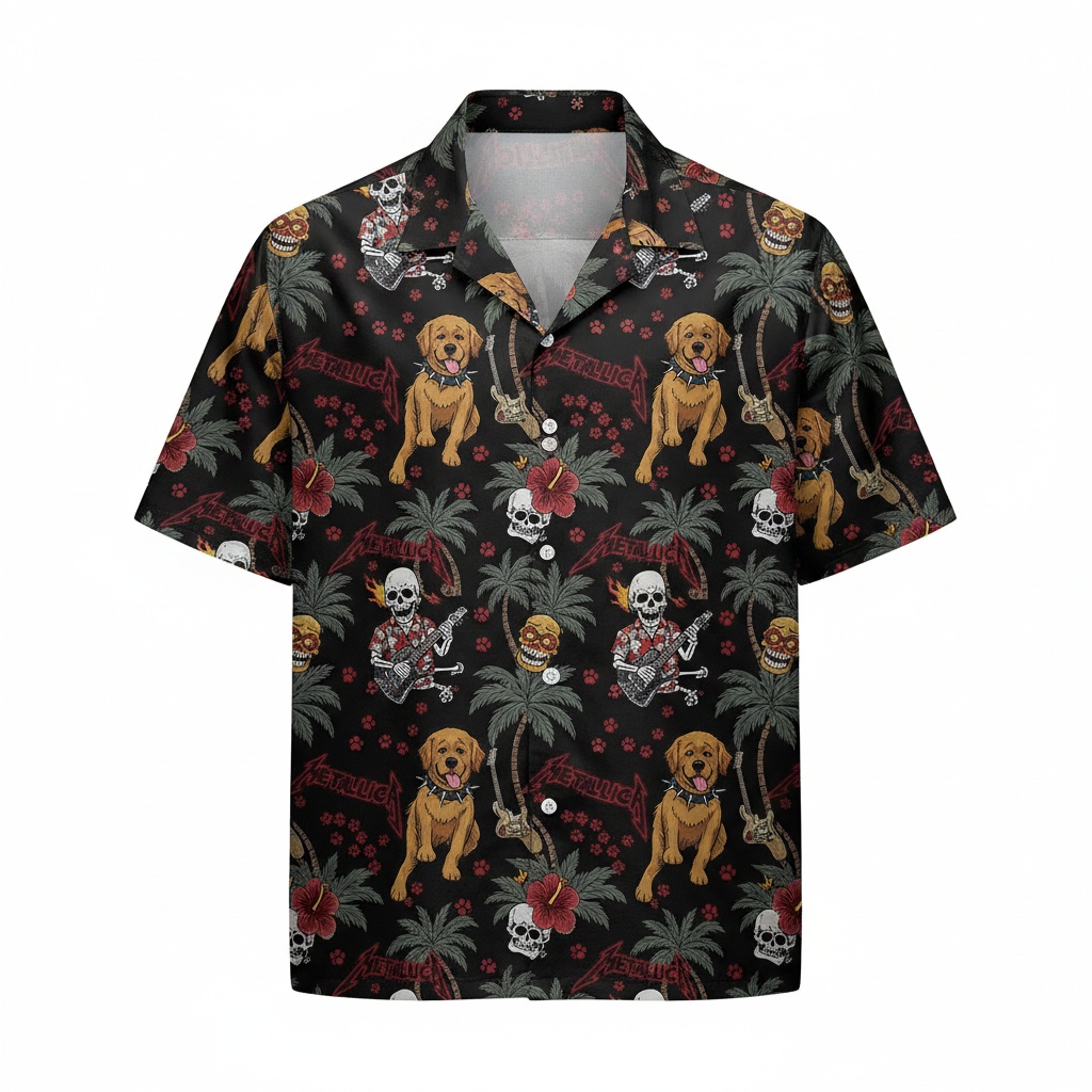 Black Metallica Dog Hawaiian Shirt Rock Music Design Front - Fadebrick.com