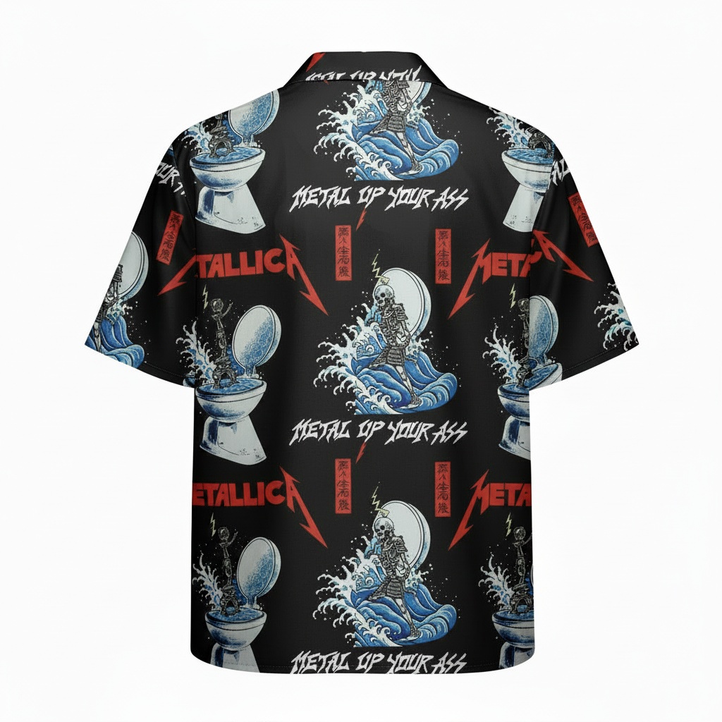 Black Metallica Graphic Print Button Up Shirt Back - Fadebrick.com