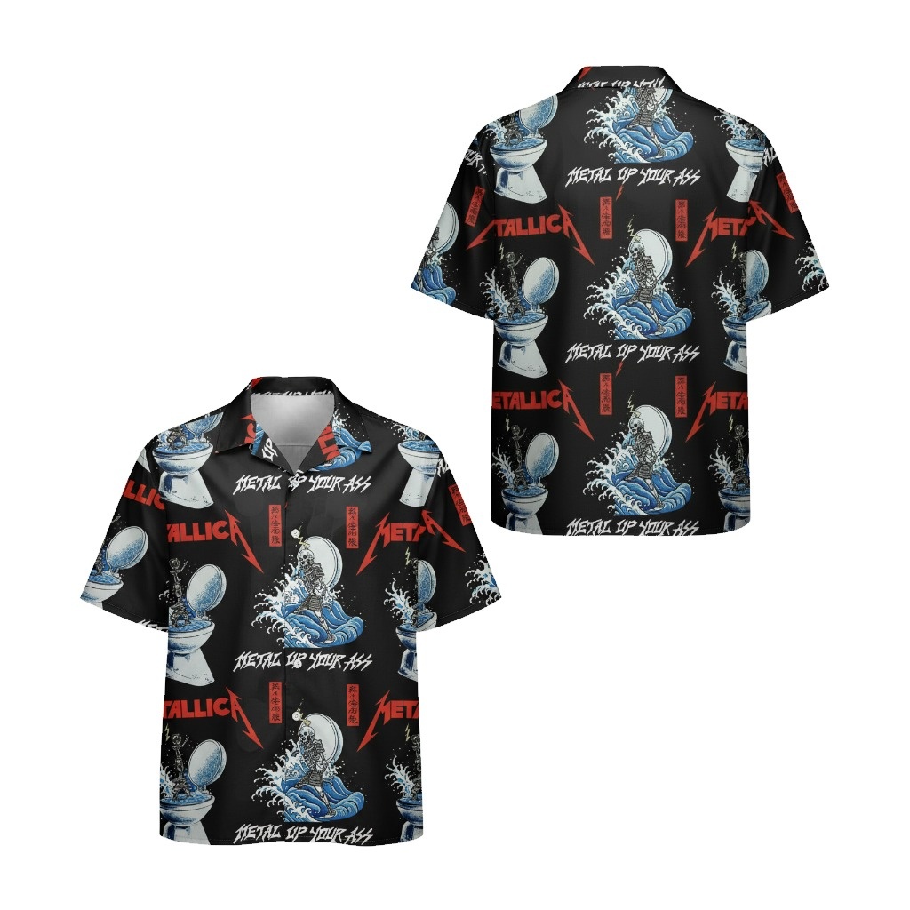 Black Metallica Graphic Print Button Up Shirt Front Back - Fadebrick.com