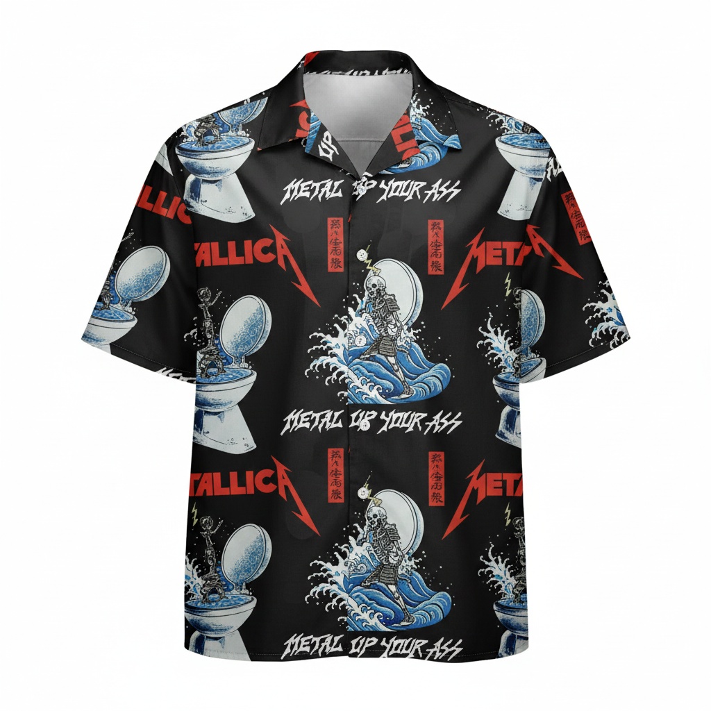 Black Metallica Graphic Print Button Up Shirt Front - Fadebrick.com