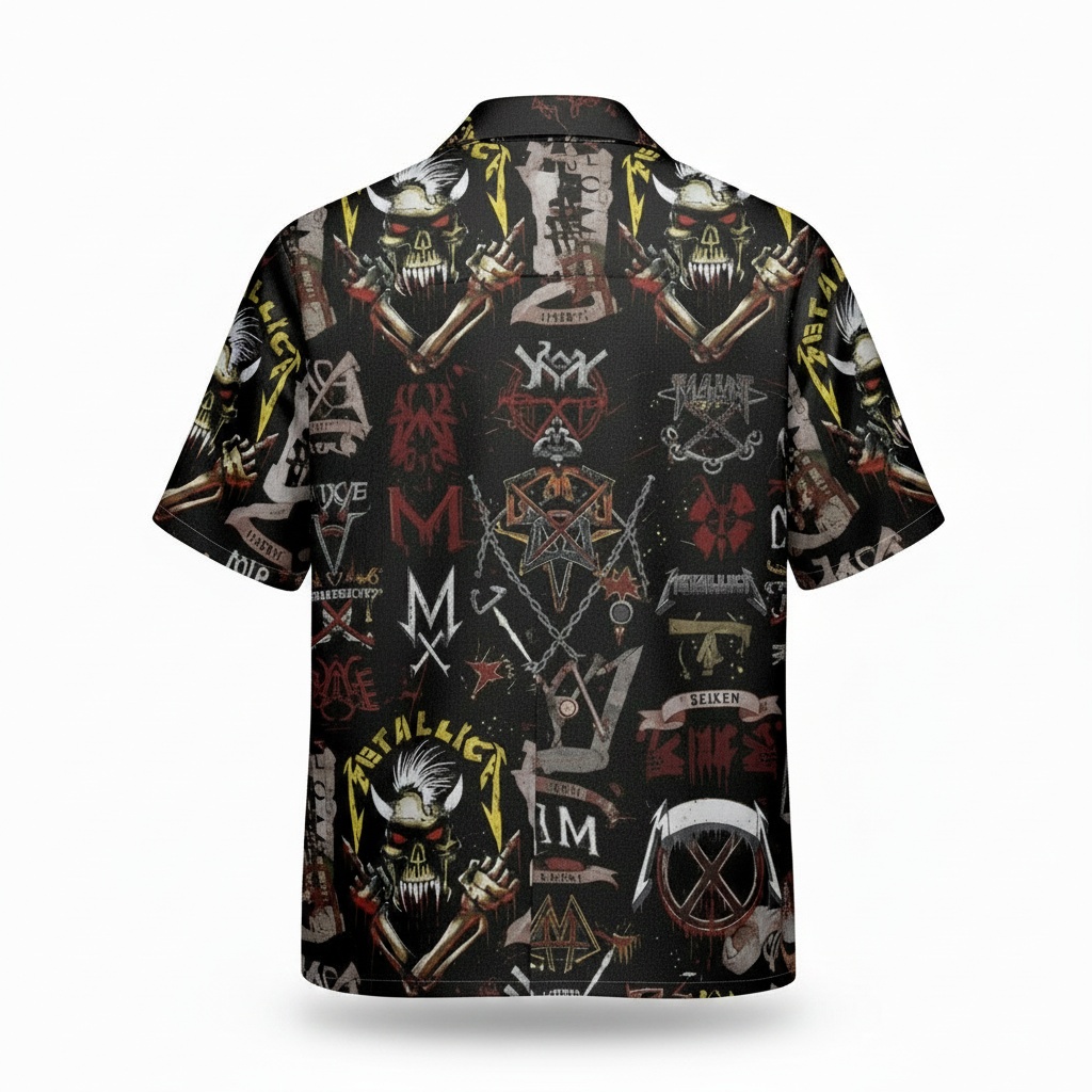 Black Metallica Graphic Print Hawaiian Shirt Men Rock Band Back - Fadebrick.com