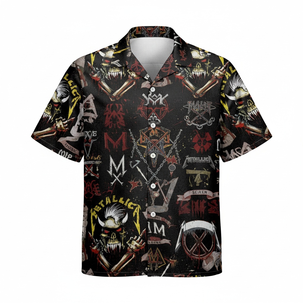 Black Metallica Graphic Print Hawaiian Shirt Men Rock Band Front - Fadebrick.com