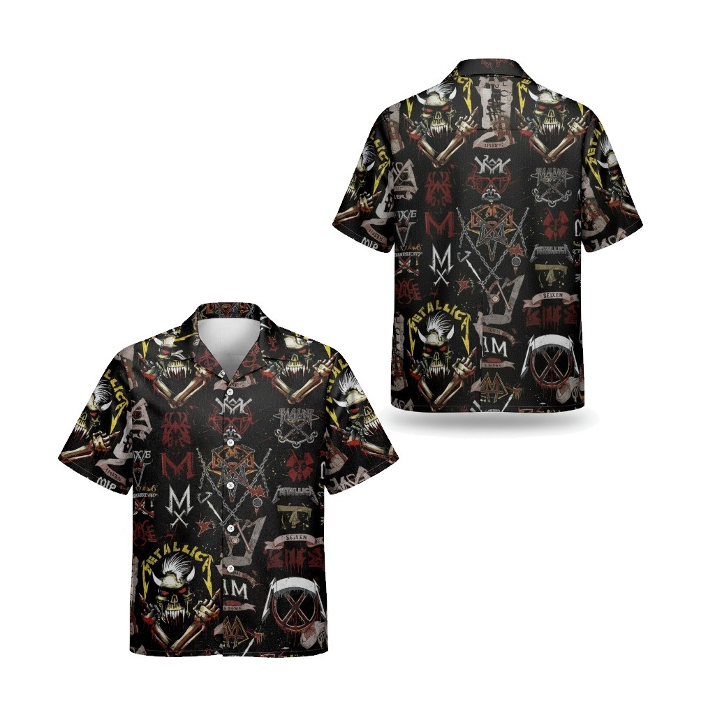 Black Metallica Graphic Print Hawaiian Shirt Men Rock Band - Fadebrick.com
