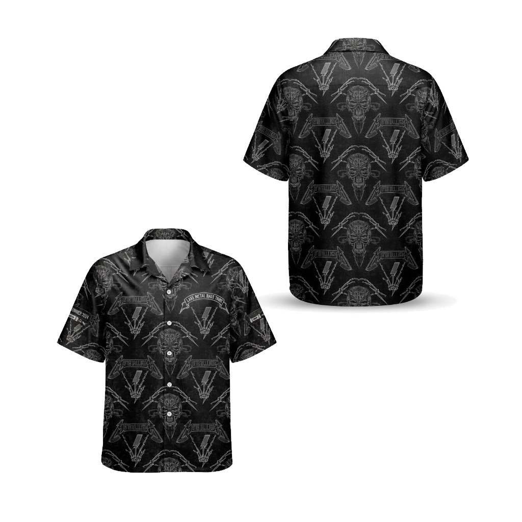 Black Metallica Graphic Print Short Sleeve Button Up Shirt Front Back - Fadebrick.com