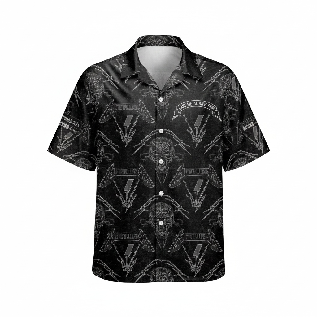 Black Metallica Graphic Print Short Sleeve Button Up Shirt Front - Fadebrick.com