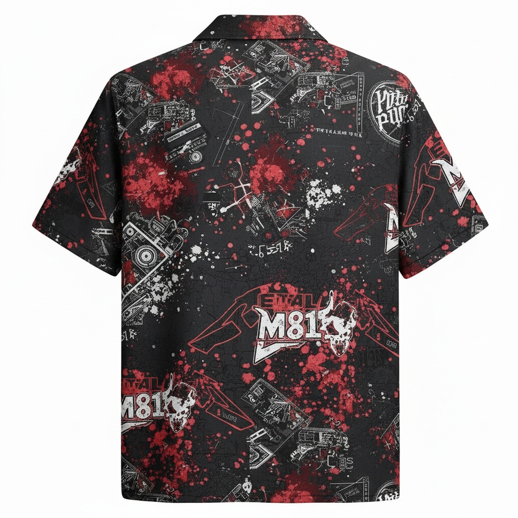 Black Red M81 Skull Print Short Sleeve Button Up Shirt Back - Fadebrick.com