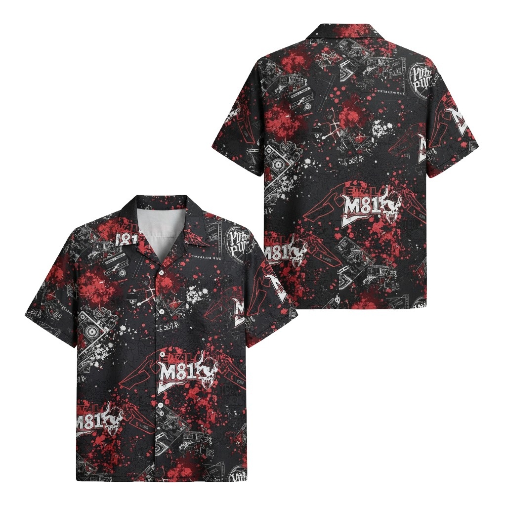 Black Red M81 Skull Print Short Sleeve Button Up Shirt Front Back - Fadebrick.com