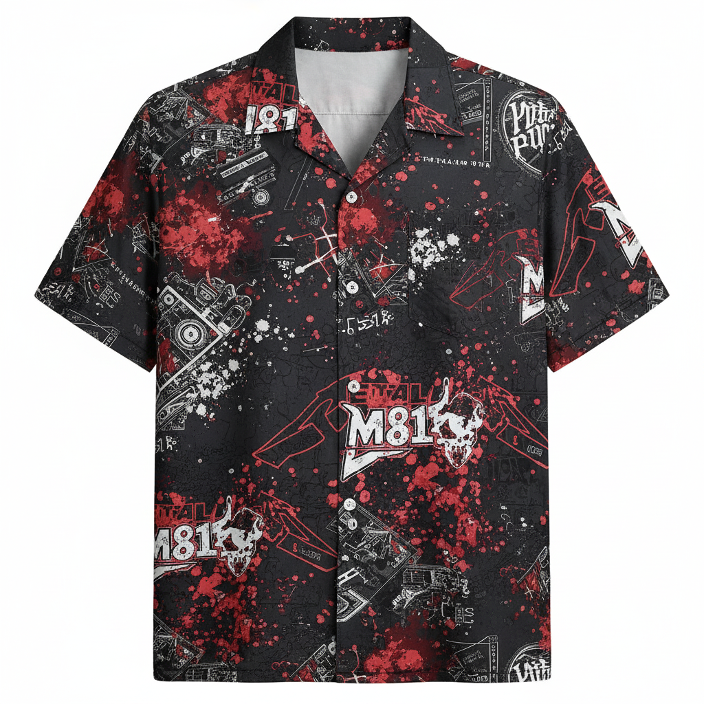Black Red M81 Skull Print Short Sleeve Button Up Shirt Front - Fadebrick.com